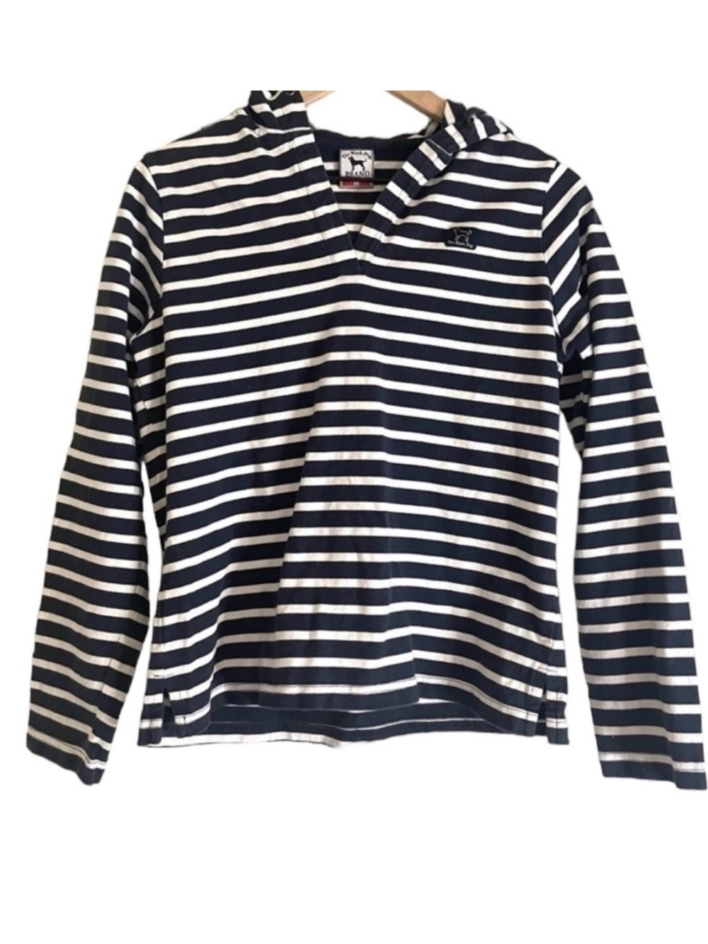 The Black Dog Navy and White Stripe Cotton Pullover Hoodie Sweatshirt medium